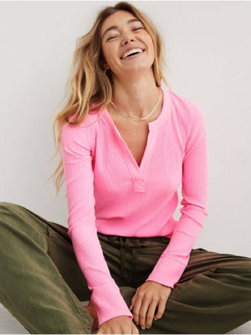aerie Ribbed Neon Pink Notch V-Neck Long Sleeve Top